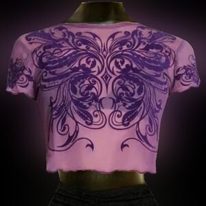 Dk illusive kingdom purple mesh velvet tribal graphic sheer crop baby tee 2X NWT
